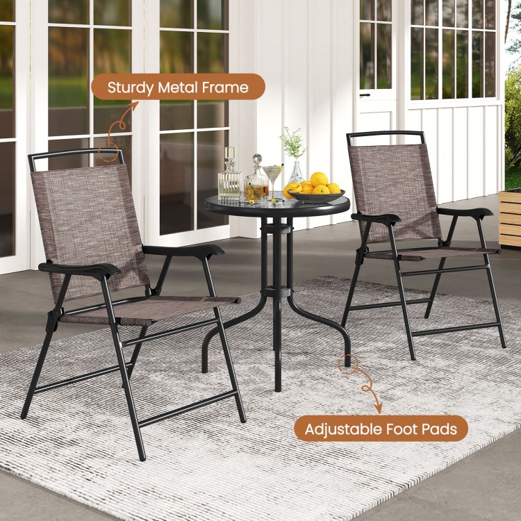 Folding patio chairs with sturdy metal frame and round table featuring rippled tempered glass, ideal for porches and.
