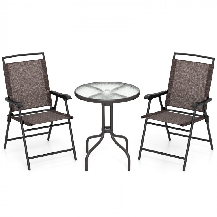 Folding patio chairs and round table set with rippled tempered glass tabletop, perfect for porches and balconies.