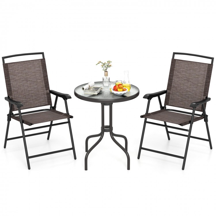 Folding chairs and round table set with rippled tempered glass tabletop, perfect for patios and balconies.