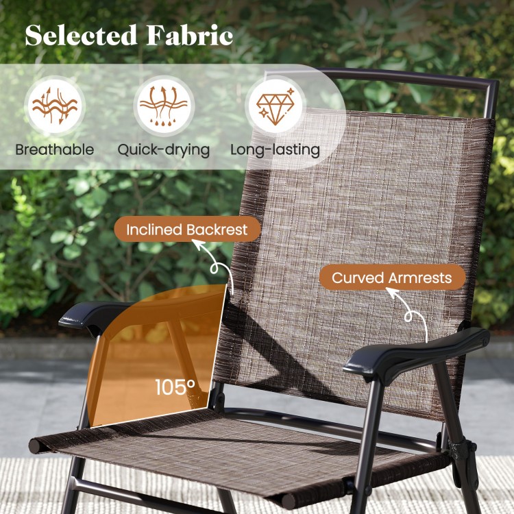 Close-up of a patio chair with breathable fabric, inclined backrest, and curved armrests for summer comfort.