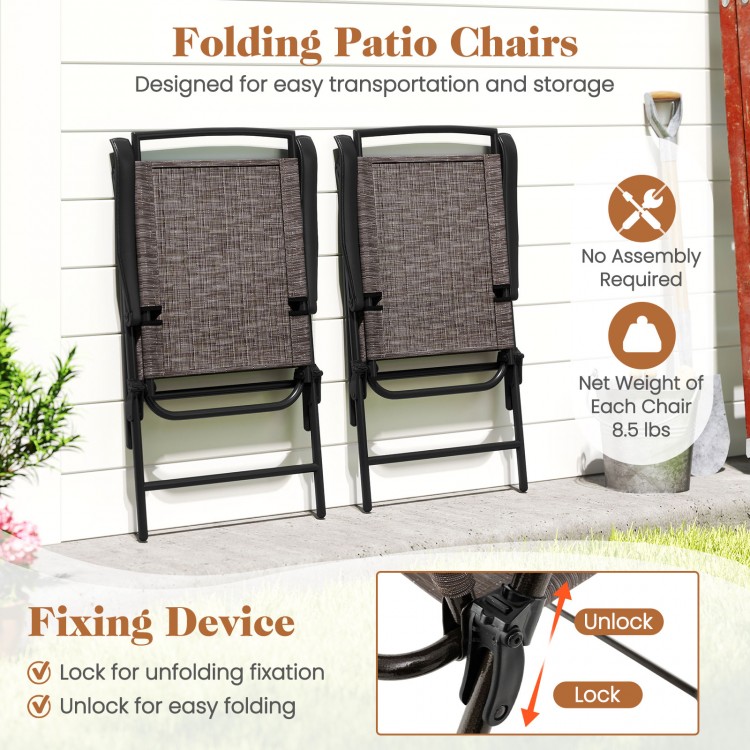 Folding patio chairs with breathable fabric and sturdy metal frame, designed for easy storage and transport.