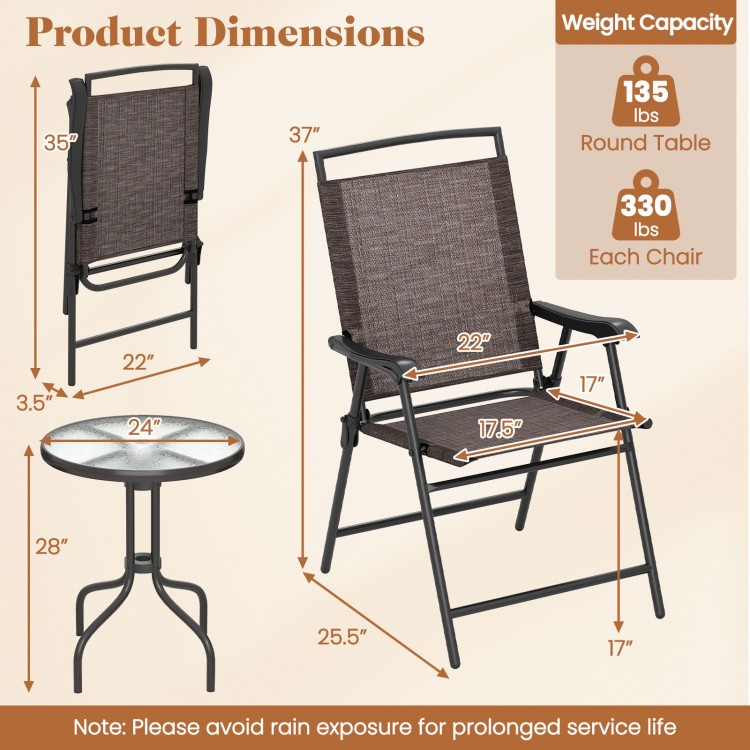 Folding chair and round table set with rippled tempered glass, durable metal frame, ideal for patios and balconies.
