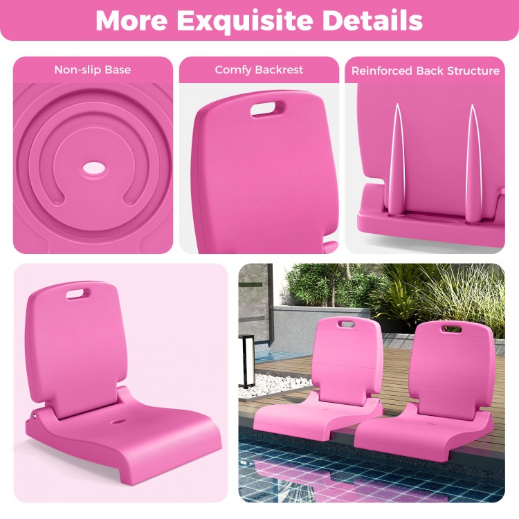 Pink foldable outdoor pool chair with back support, featuring a non-slip base and drainage holes for poolside use.