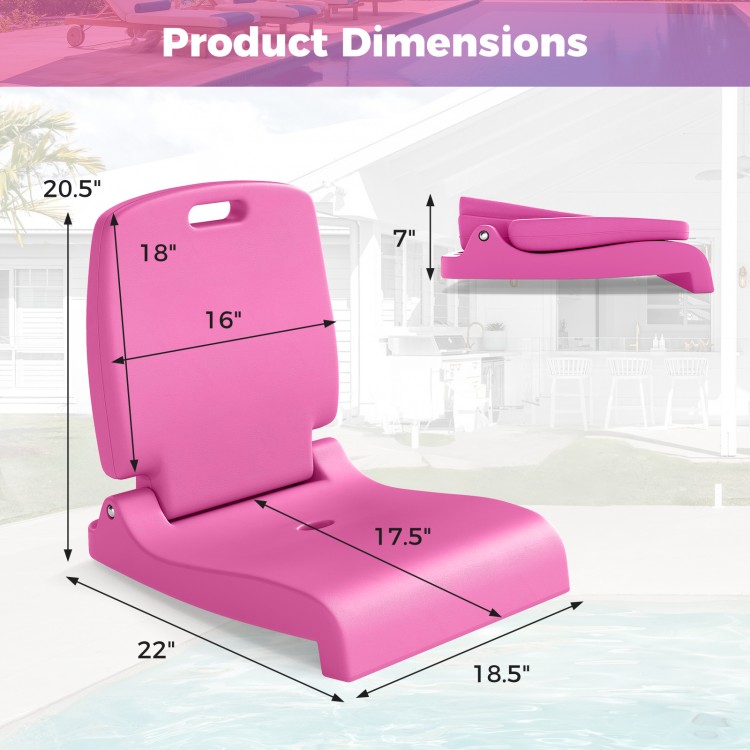 Foldable pink outdoor pool chair with handle, back support, and drainage holes; dimensions shown for easy reference.