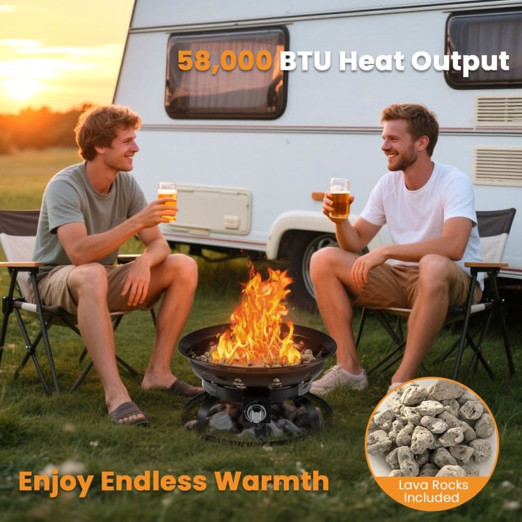 21-inch propane gas fire pit with lava rocks, 58,000 BTU heat output, perfect for camping and backyard gatherings.