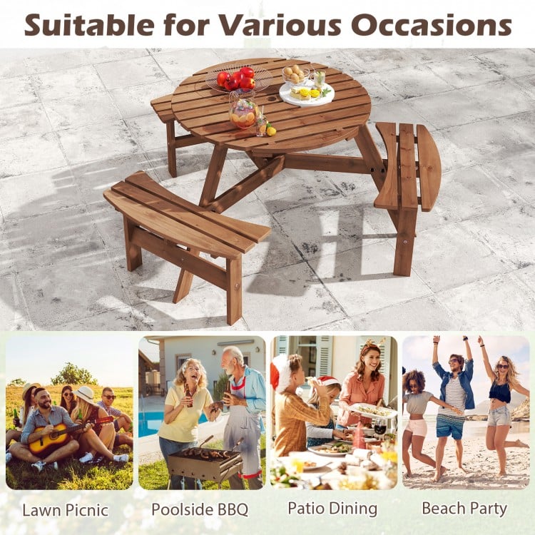Round picnic table set with 3 built-in benches in brown fir wood, ideal for outdoor dining and gatherings.