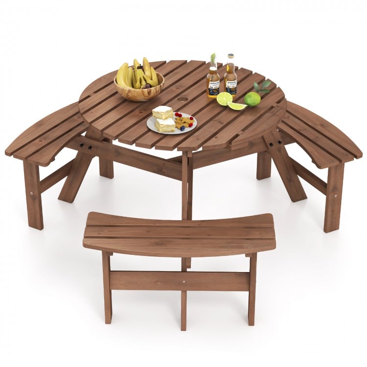 Round picnic table set with three built-in benches, crafted from natural fir wood, ideal for outdoor dining and.