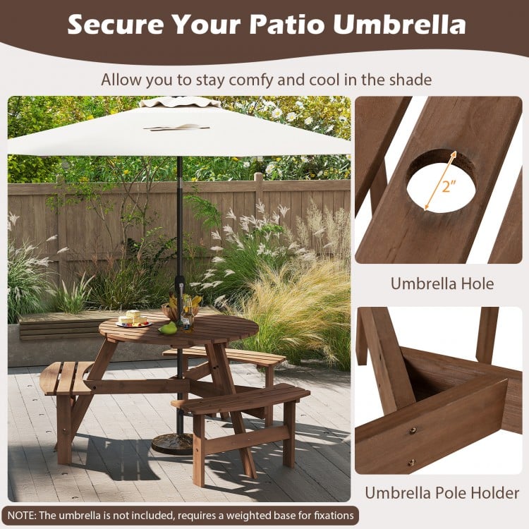 Round picnic table set with 3 built-in benches, featuring an umbrella hole for outdoor shade and comfort.