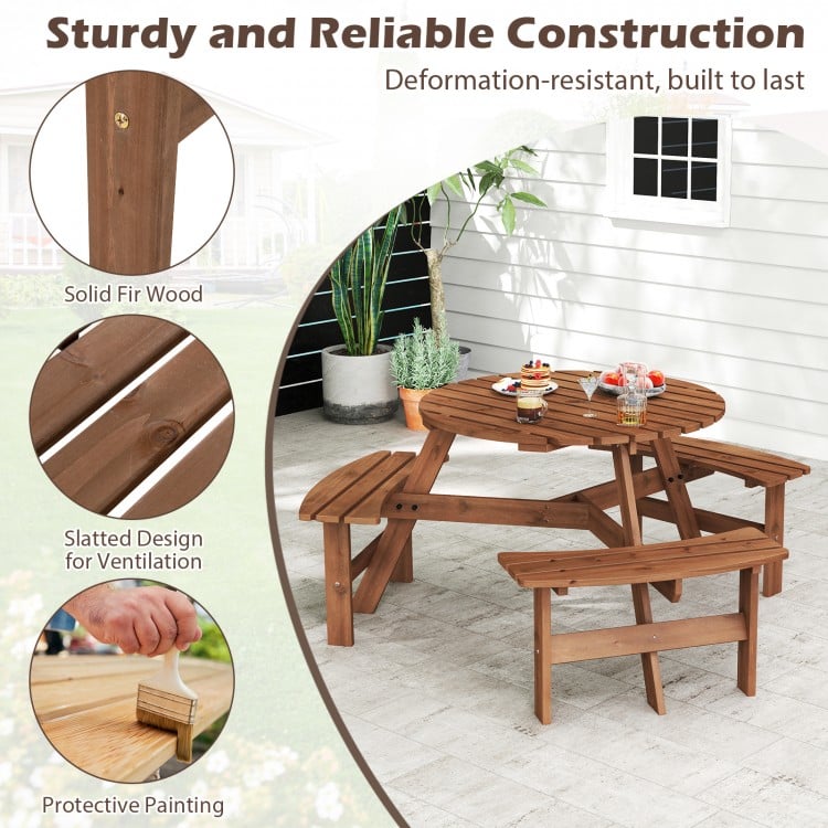 Round picnic table set in brown with 3 built-in benches, crafted from fir wood for outdoor use and featuring an.