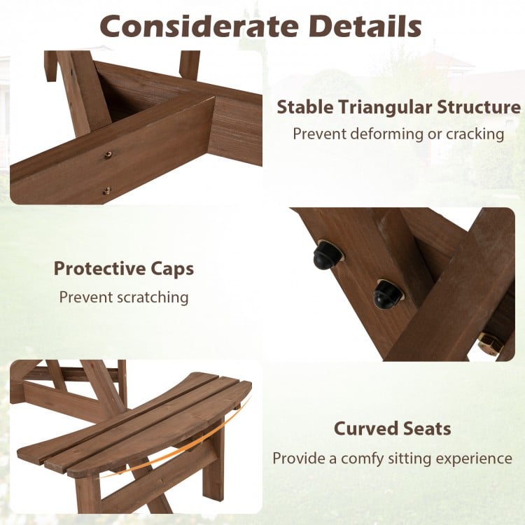 Curved seat detail of the 6-person round picnic table set in brown, featuring a stable triangular structure for outdoor.