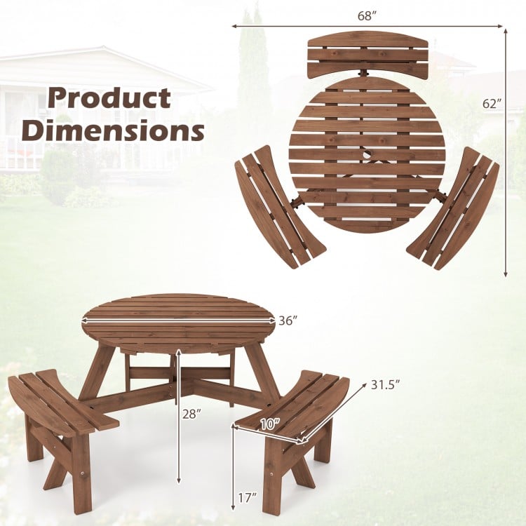 Round picnic table set with 3 built-in benches, crafted from fir wood, featuring an umbrella hole for outdoor dining.