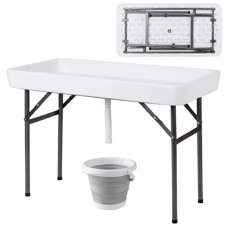 Folding 4 feet plastic party table with white top, powder-coated legs, and included ice bucket for indoor/outdoor use.