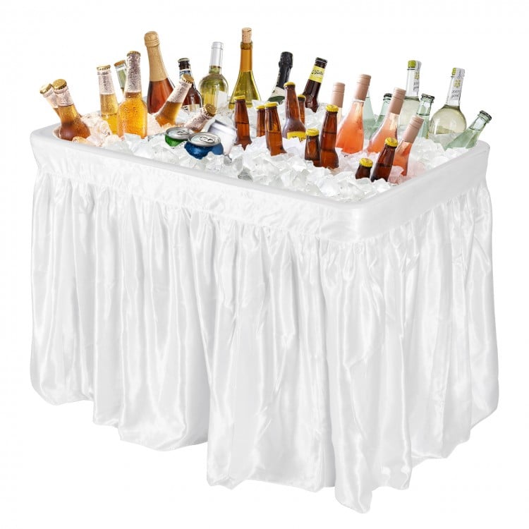 Folding 4 feet plastic party table with matching white skirt, filled with ice and assorted beverages for events.