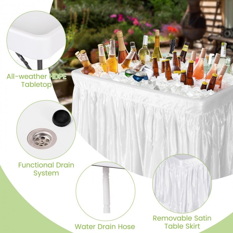 4 feet white folding party table with matching skirt, featuring an ice bucket and functional drain system for outdoor.