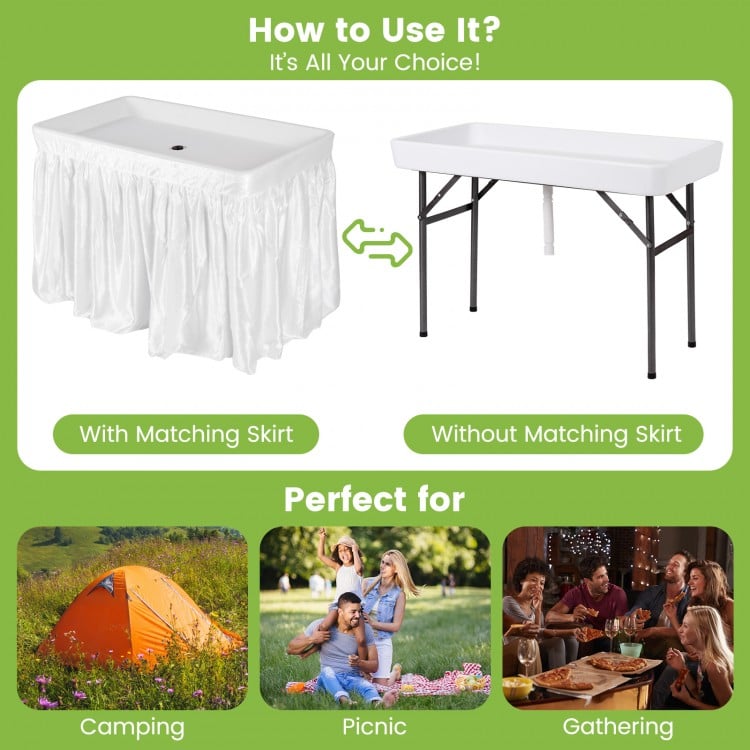 4 feet folding plastic party table with matching skirt, featuring a drain system, ideal for camping and gatherings.