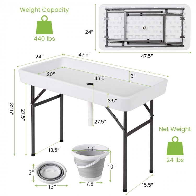 Folding 4 feet plastic party table with skirt and ice bucket, featuring a durable design for indoor and outdoor use.