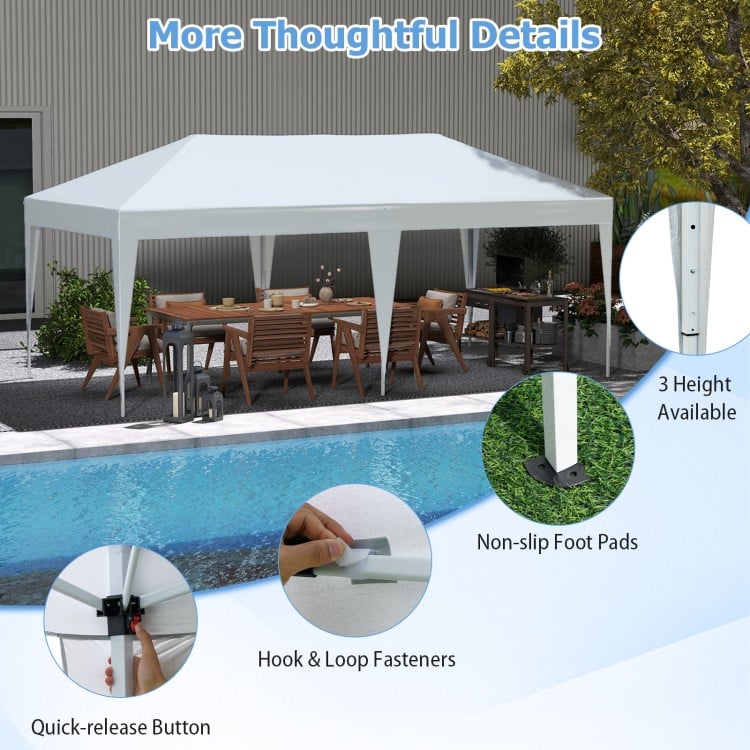 10 x 20 ft pop-up canopy tent in white with heavy-duty frame, adjustable height, and quick-release button for outdoor.