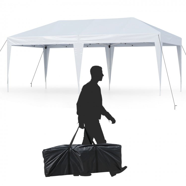 10 x 20 ft white pop-up canopy tent with heavy-duty frame, ideal for parties and BBQs, shown with carrying bag.