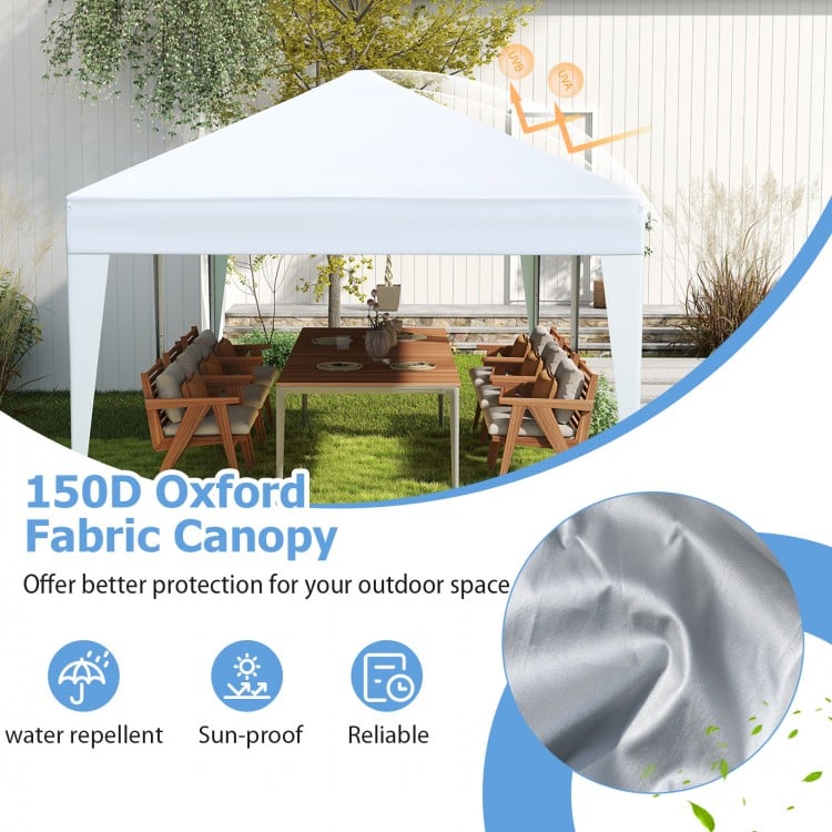 10 x 20 ft white pop-up canopy tent with heavy-duty frame, water-resistant fabric, ideal for outdoor parties and BBQs.