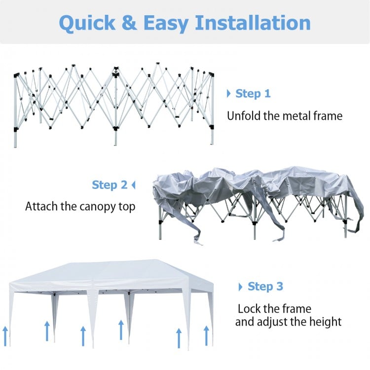 10 x 20 ft pop-up canopy tent installation steps showing frame unfolding, canopy attachment, and height adjustment.