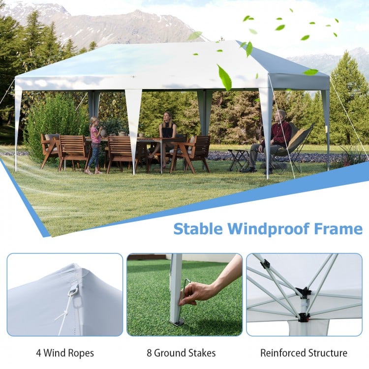 10 x 20 ft pop-up canopy tent with a heavy-duty frame, wind ropes, and ground stakes for outdoor parties and BBQs.