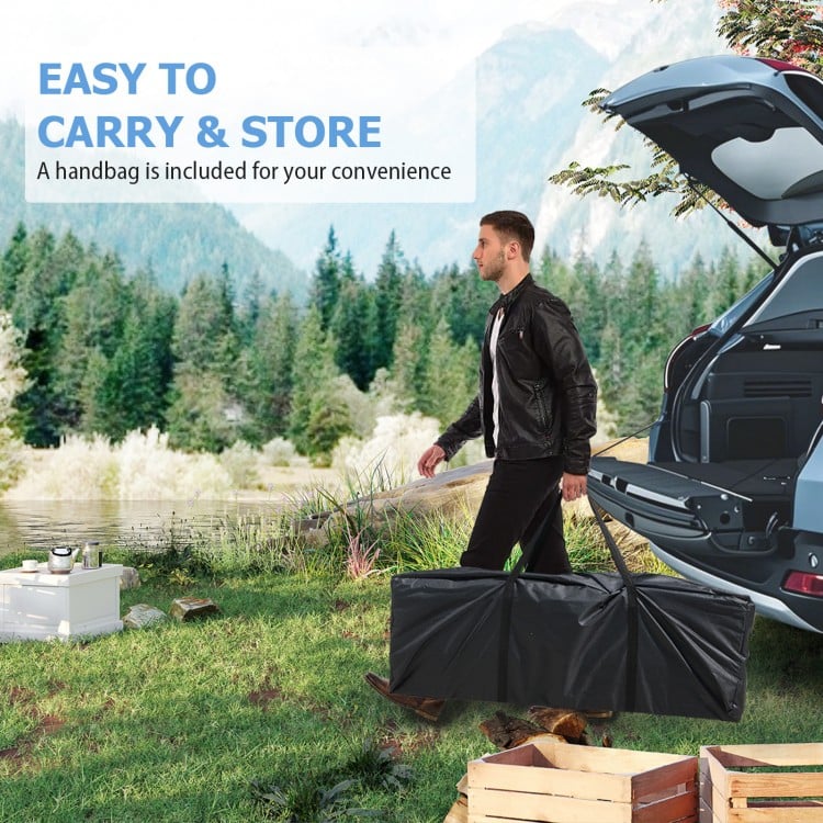 Carrying the 10 x 20 ft pop-up canopy tent in a black bag, perfect for parties and BBQs, with easy transport features.