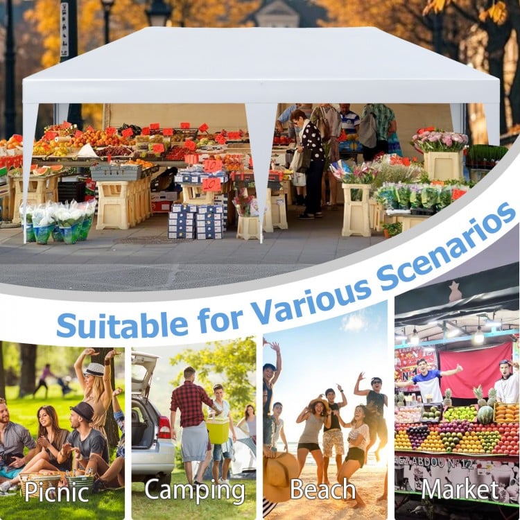 10 x 20 ft white pop-up canopy tent for parties, BBQs, and markets, featuring a heavy-duty frame and sun-protective.