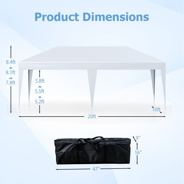 Dimensions of the 10 x 20 ft pop-up canopy tent with carry bag, ideal for parties and BBQs, showcasing stability.