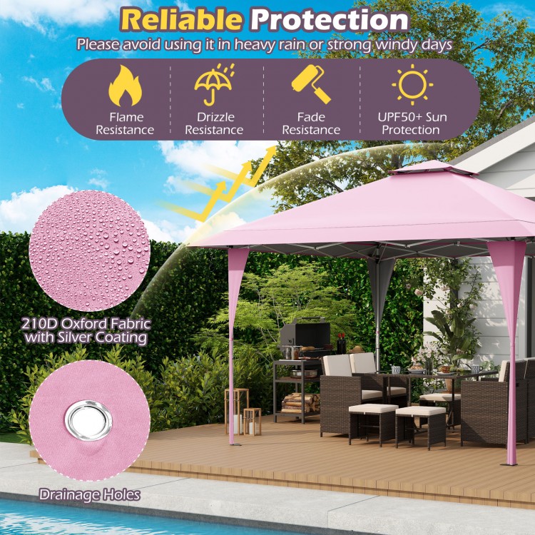 13 x 13 ft pink pop-up gazebo with oxford fabric, offering UPF50+ sun protection and ventilation for outdoor gatherings.