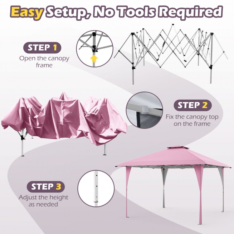 Pop-up gazebo setup steps showing the pink canopy, frame assembly, and height adjustment for outdoor events.