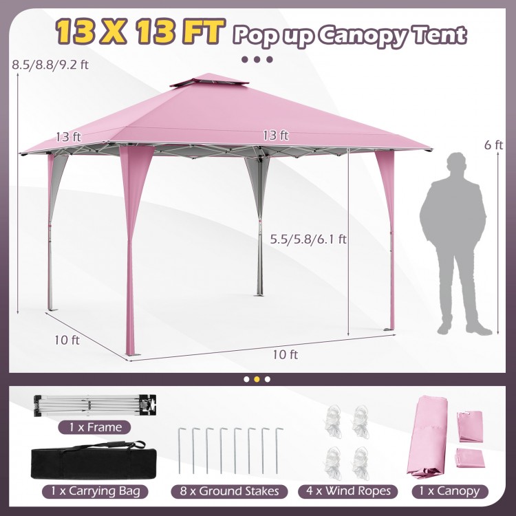Pink 13 x 13 ft pop-up gazebo with carrying bag, featuring extended eaves and 3 height options for outdoor gatherings.