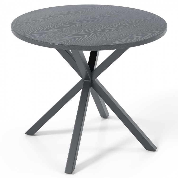 Round patio bistro table with a wood-like gray top and X-shaped legs, suitable for 4-6 people, ideal for outdoor use.