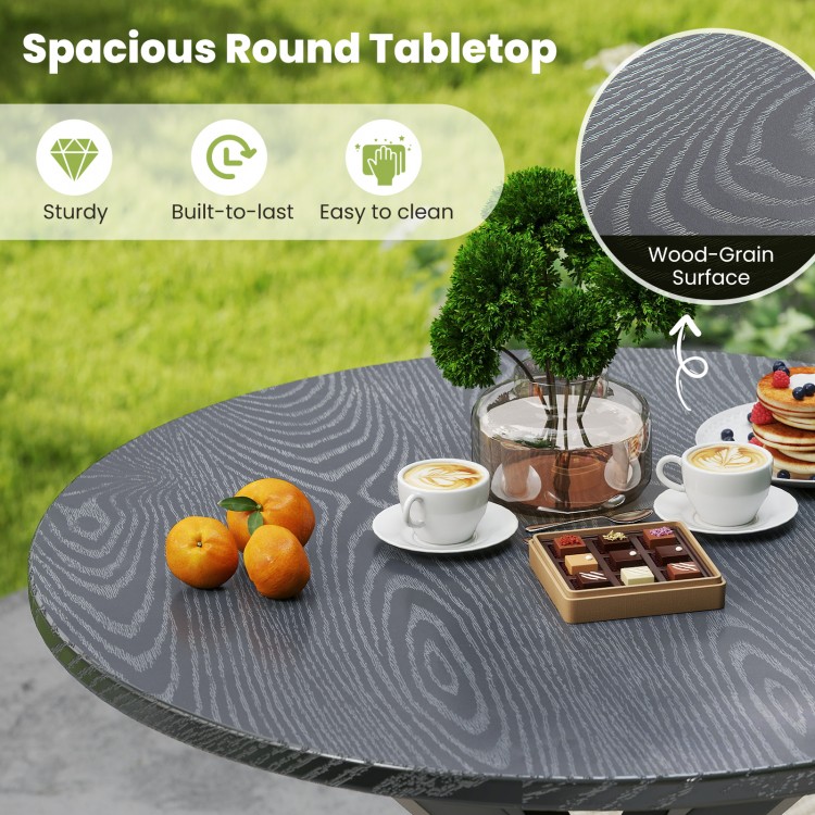 Round patio bistro table with wood-like surface, gray finish, suitable for 4-6 people, ideal for outdoor settings.