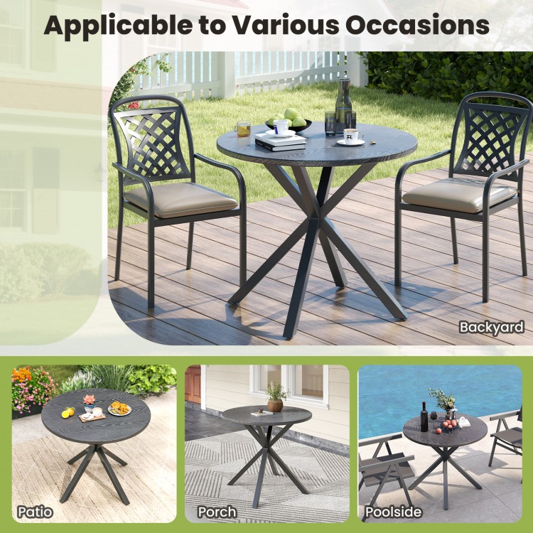 33.5-inch round patio bistro table with wood-like top and X-shaped legs, perfect for outdoor gatherings in various.