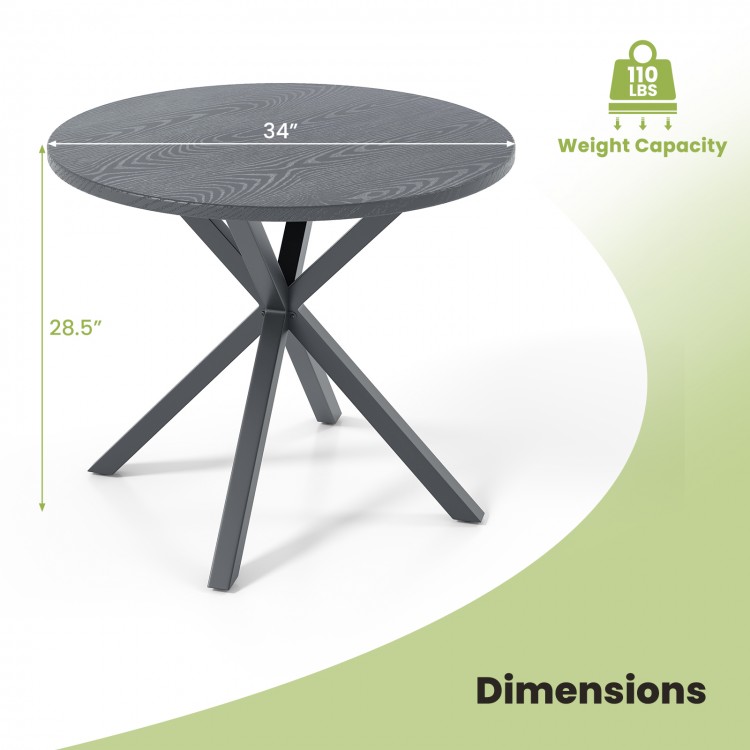 Round patio bistro table with a wood-like top, gray finish, and X-shaped legs, suitable for 4-6 people outdoors.