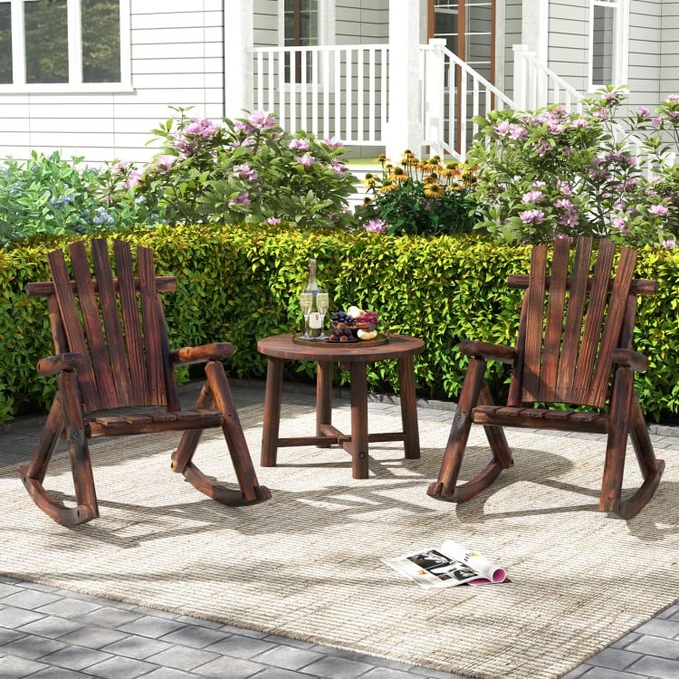 Adirondack rocking chairs made of solid wood in brown, perfect for outdoor relaxation on the porch or patio.