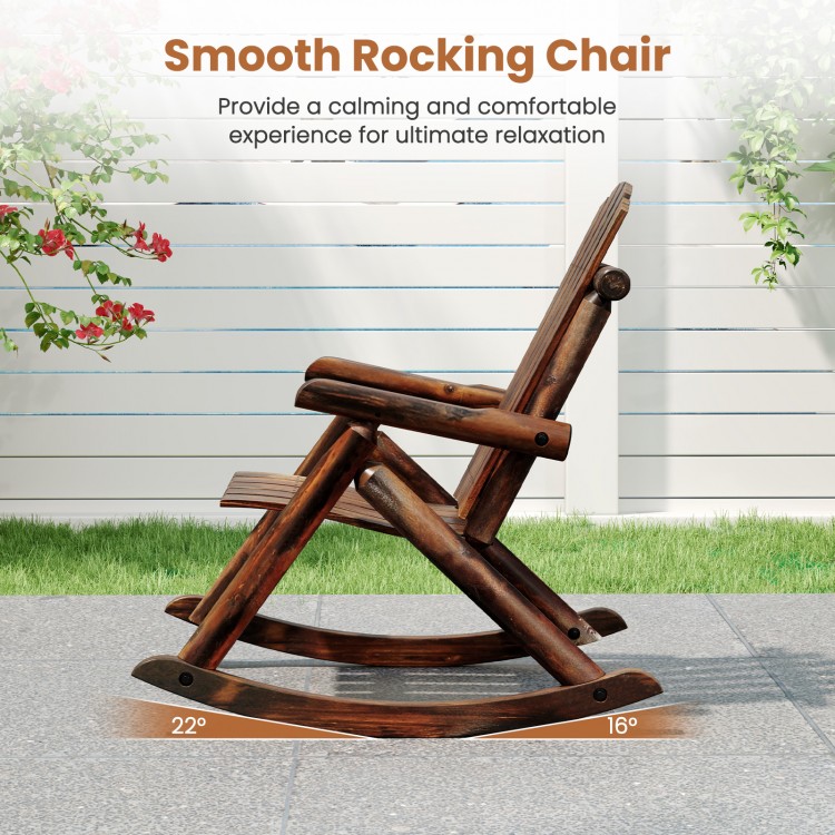 Side view of the brown outdoor Adirondack rocking chair, showcasing its ergonomic design and smooth rocking motion for.