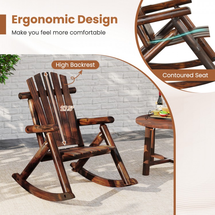 Brown outdoor Adirondack rocking chair with ergonomic design, high backrest, and contoured seat for comfortable.
