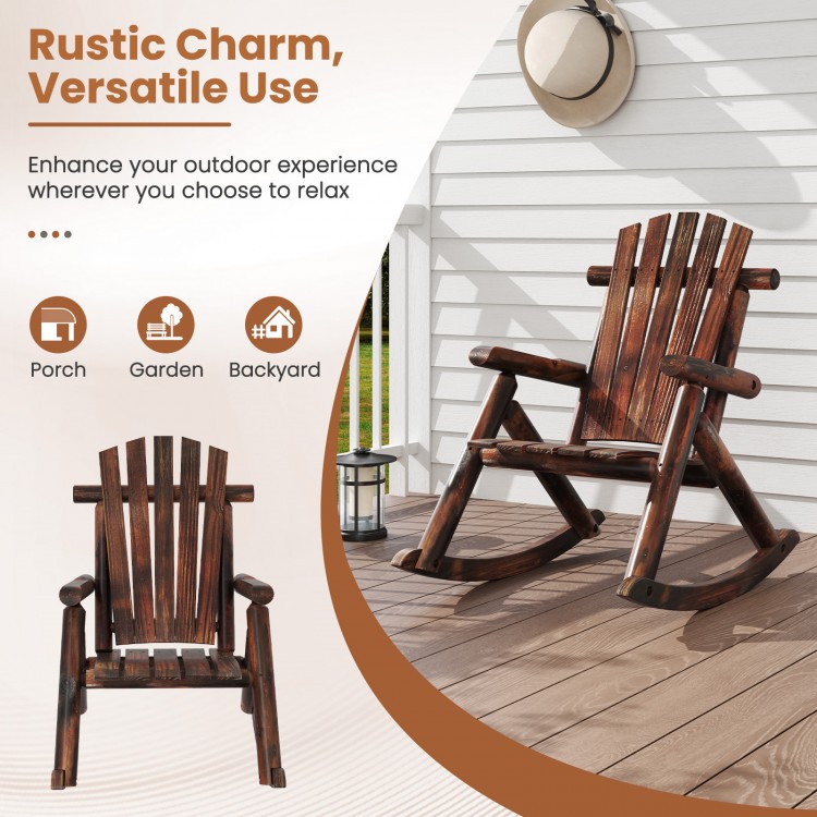 Outdoor Adirondack rocking chair in brown solid wood, designed for comfort and stability, perfect for porch or garden.