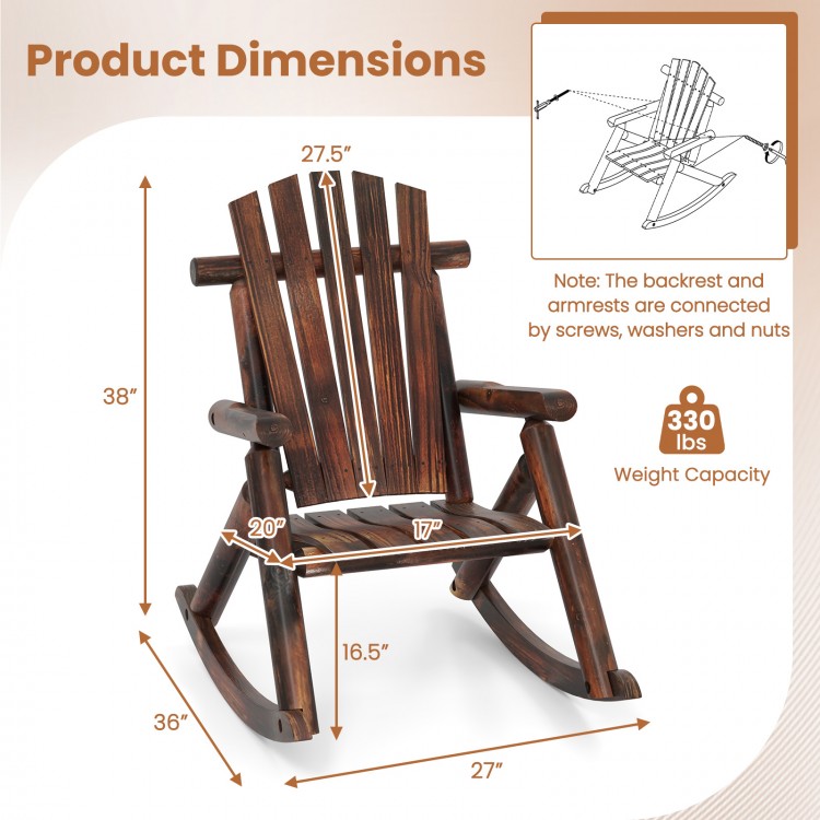 Product dimensions of the brown outdoor Adirondack rocking chair, showcasing ergonomic design and sturdy solid wood.
