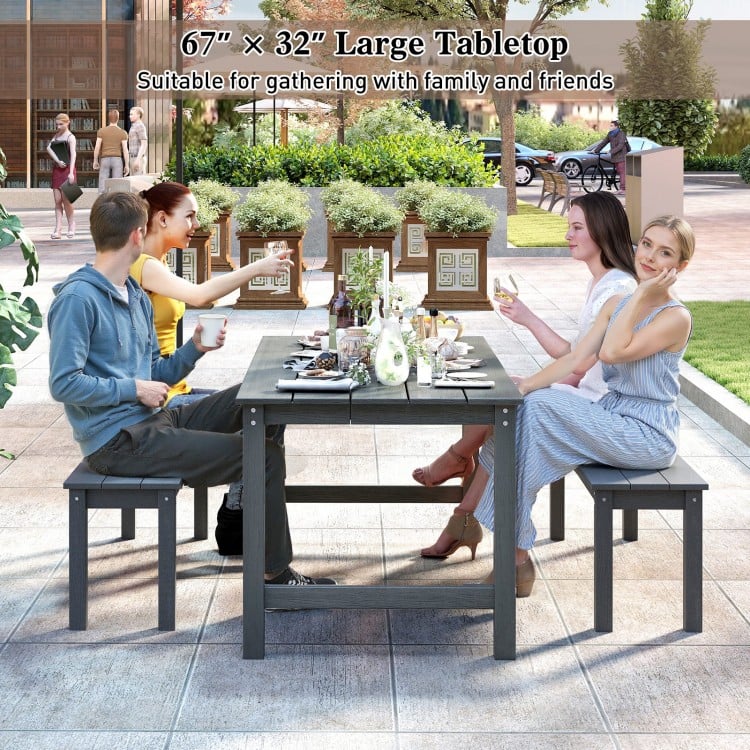 Gray HDPE outdoor dining table for 6 with wood-like tabletop and umbrella hole, perfect for gatherings on the patio.