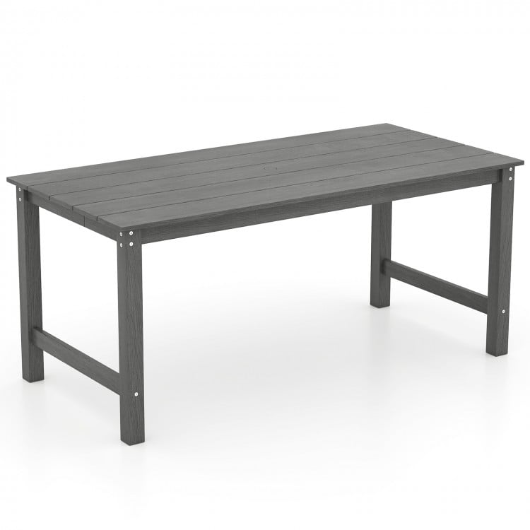 Gray HDPE outdoor dining table featuring strong metal supports and a spacious 67" x 32" tabletop, ideal for garden use.