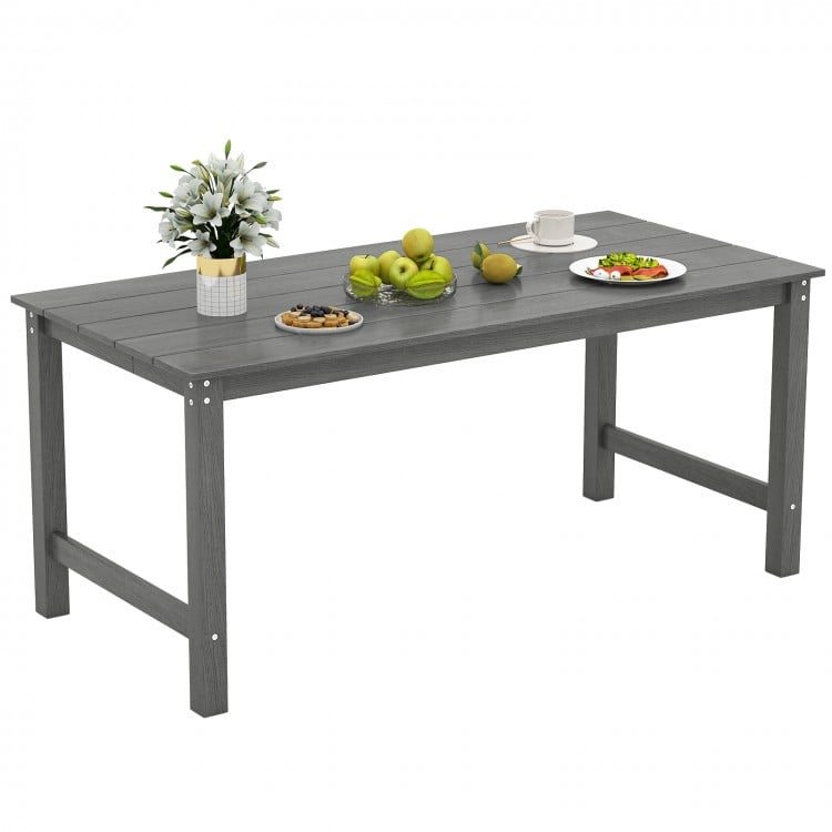 Gray HDPE outdoor dining table for 6 with wood-like tabletop and umbrella hole, perfect for patio gatherings.
