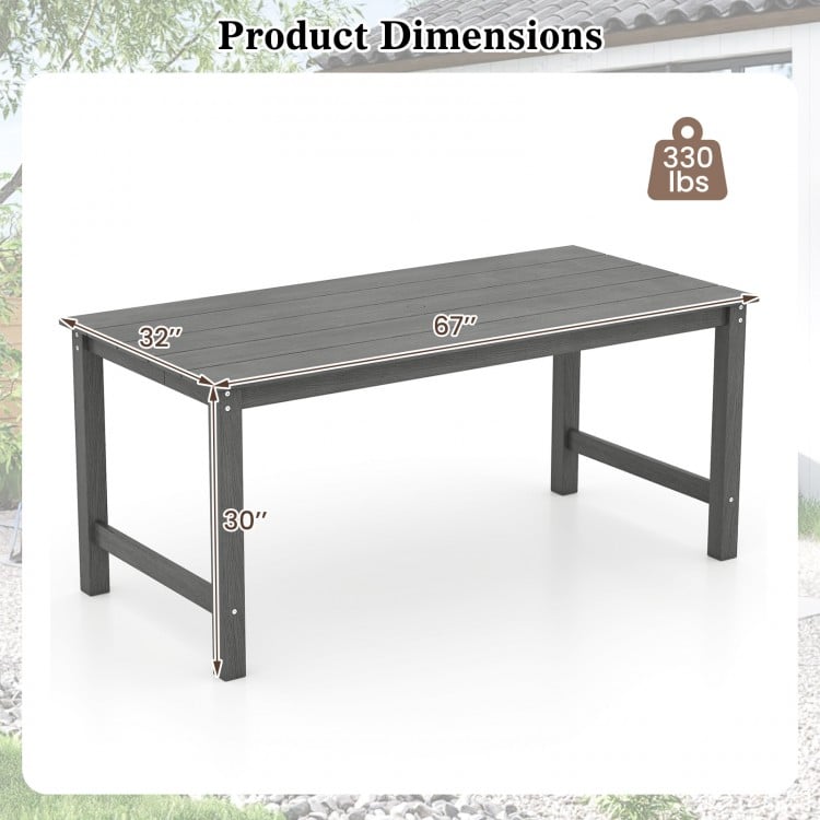 Gray HDPE outdoor dining table for 6, featuring a wood-like tabletop and umbrella hole, measuring 67" x 32".