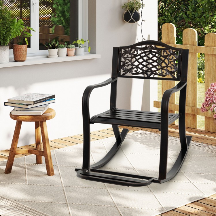 Patio rocking chair with floral backrest, made of sturdy cast aluminum, perfect for backyard relaxation.