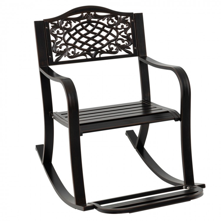 Brown patio rocking chair with floral backrest, ergonomic seat, and footrest, perfect for backyard relaxation.