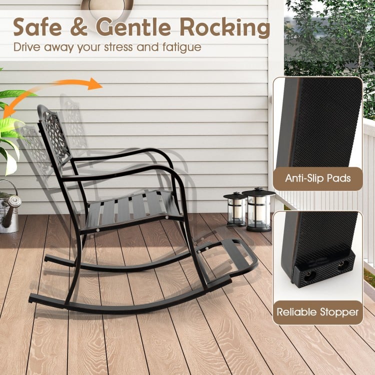 Patio rocking chair in brown with footrest, ergonomic design, and floral backrest, perfect for backyard relaxation.