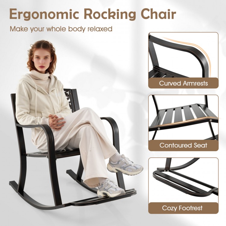Patio rocking chair with footrest, curved armrests, and floral backrest design for backyard relaxation.