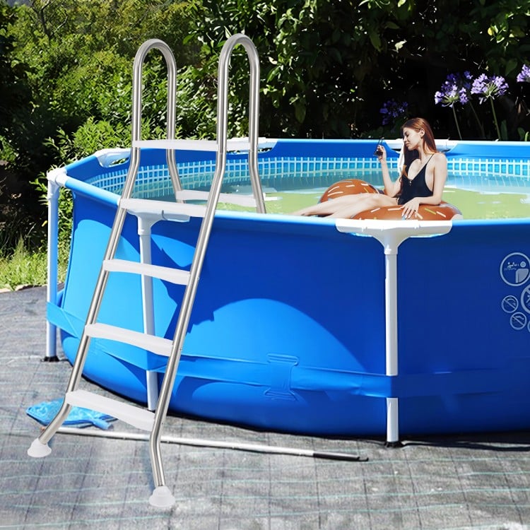 A-Frame 4-step stainless steel pool ladder for above ground pools with 55" wall height, featuring non-slip steps and.