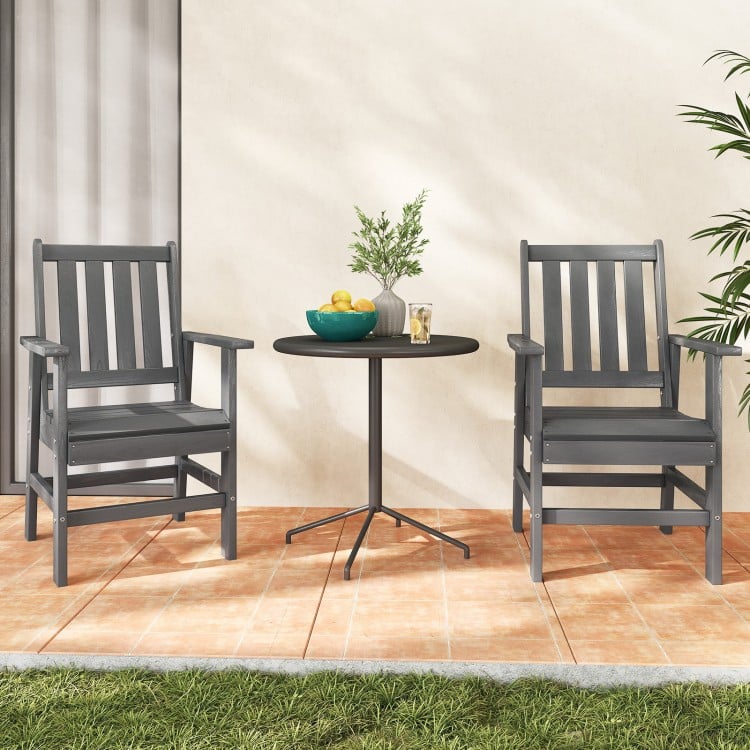 Set of 2 gray patio dining chairs with wide armrests and slatted seats, perfect for outdoor relaxation.